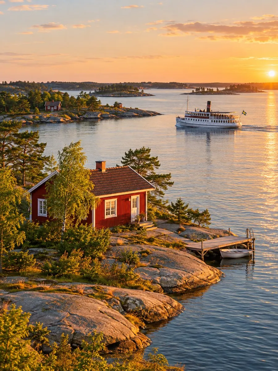 En vit skärgårdsångare som passerar ett rött hus på en granitö i den inre Stockholms skärgård